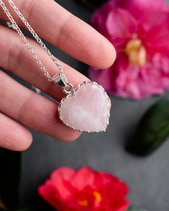 Rose Quartz Heart Sterling Silver Gallery Necklace - The Healing Pear
