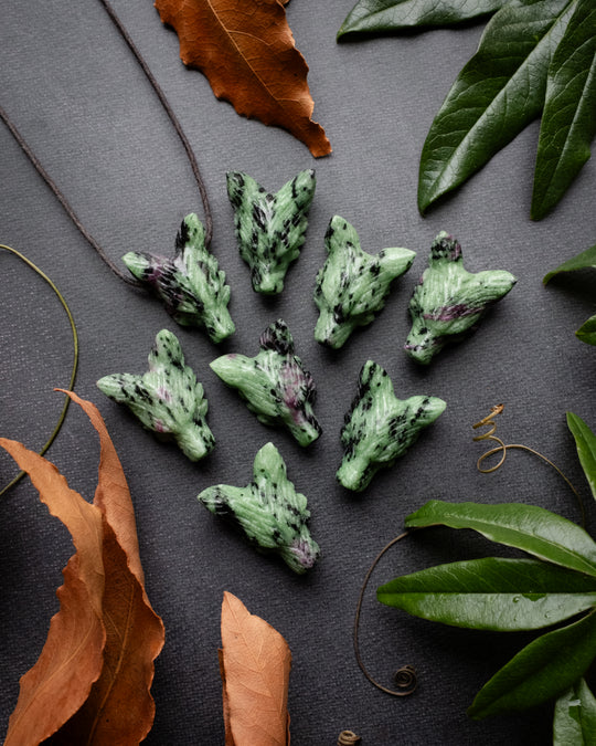 Small Ruby in Zoisite Hand Carved Wolf Necklace