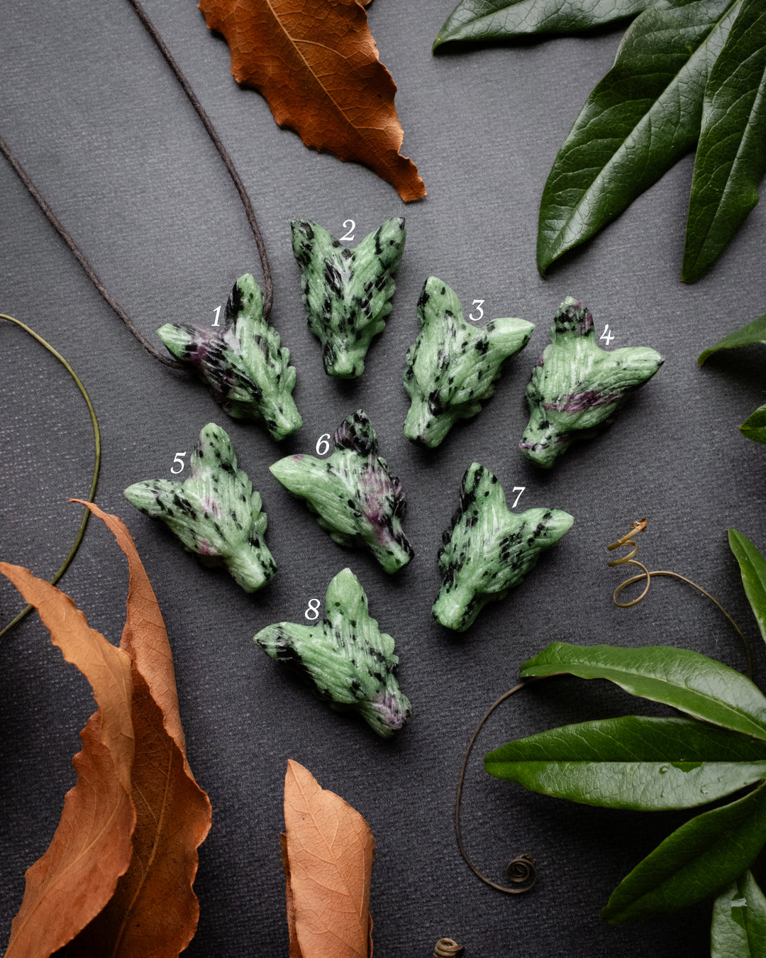 Small Ruby in Zoisite Hand Carved Wolf Necklace