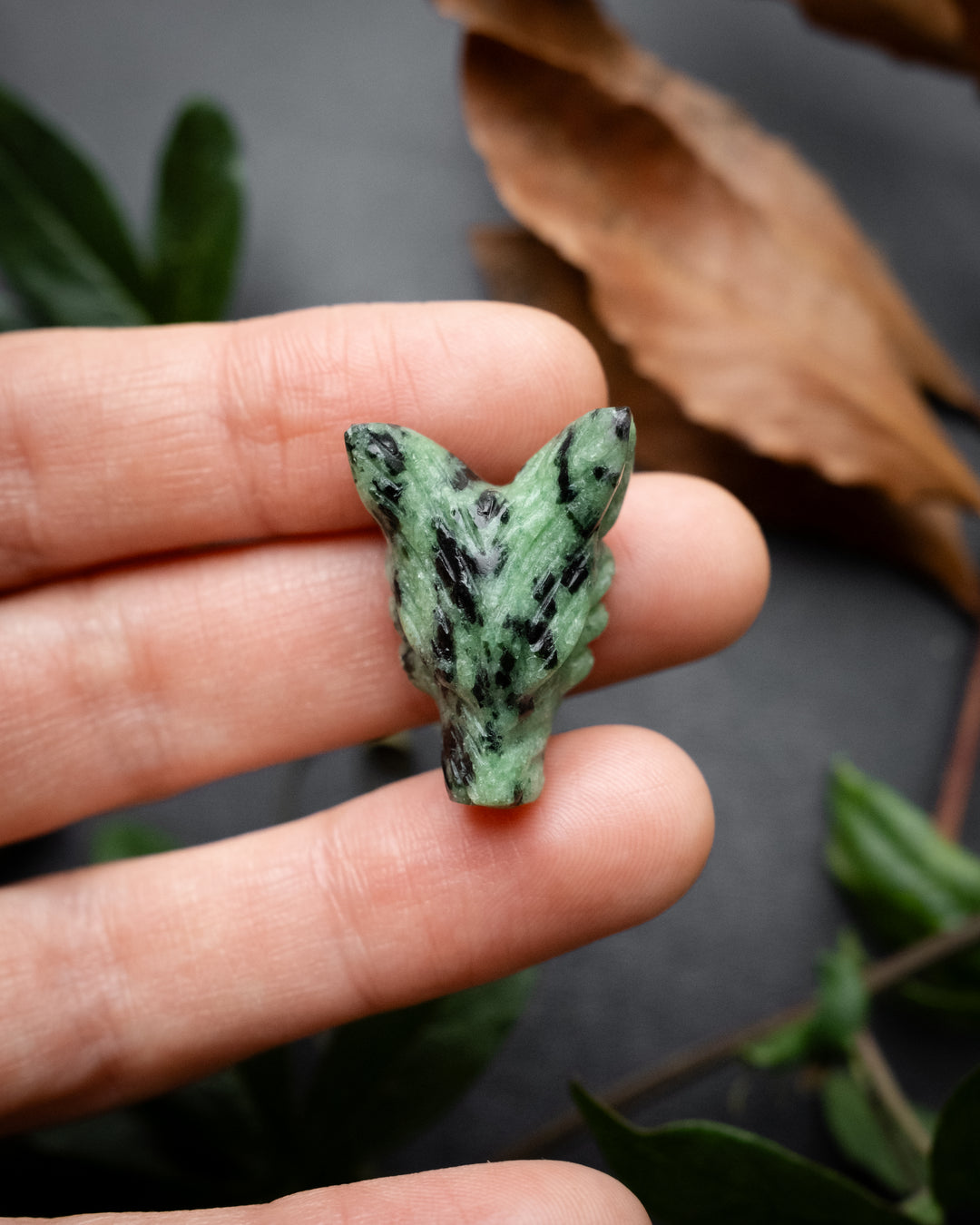 Small Ruby in Zoisite Hand Carved Wolf Necklace