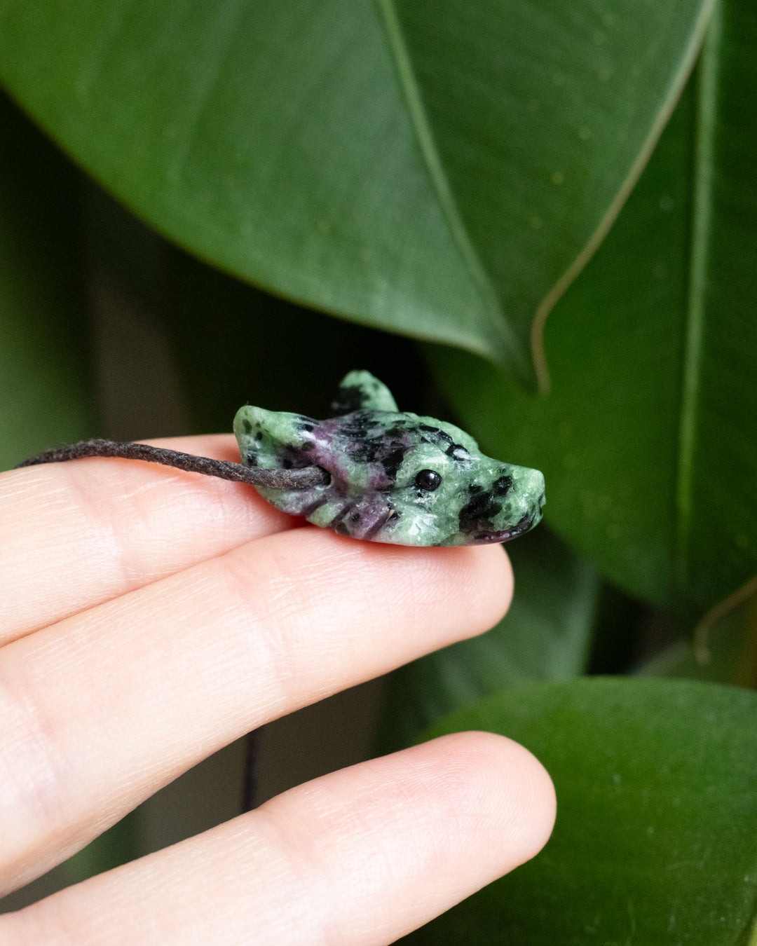 Small Ruby in Zoisite Hand Carved Wolf Necklace