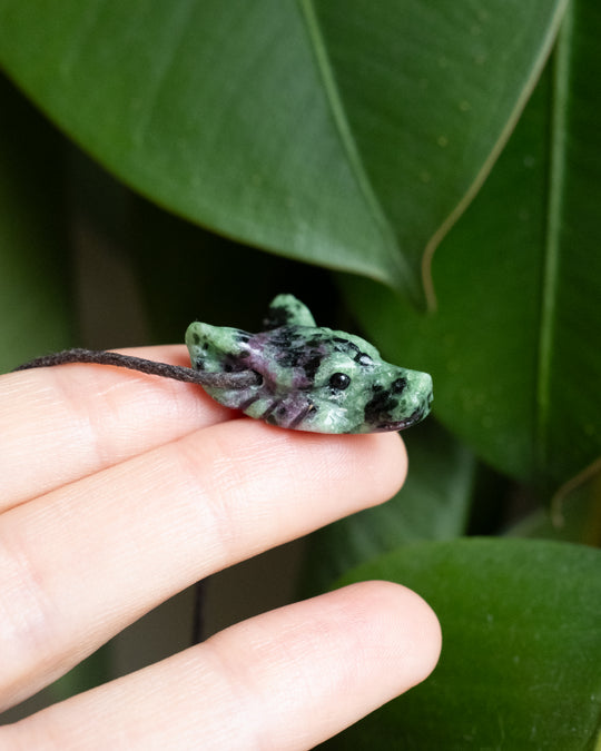 Small Ruby in Zoisite Hand Carved Wolf Necklace