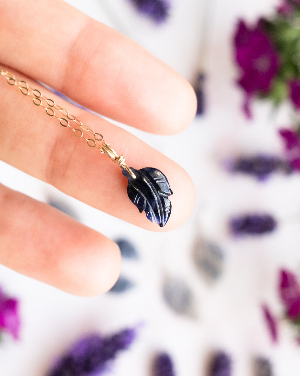 Blue Sapphire Hand Carved Leaf Recycled 9ct Gold Necklace - The Healing Pear
