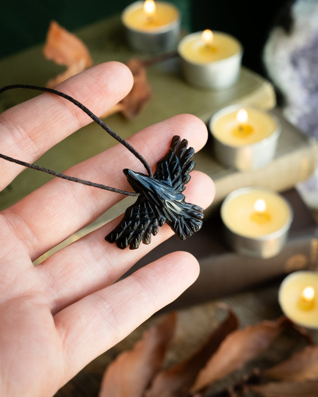 Small Obsidian Hand Carved Raven Necklace