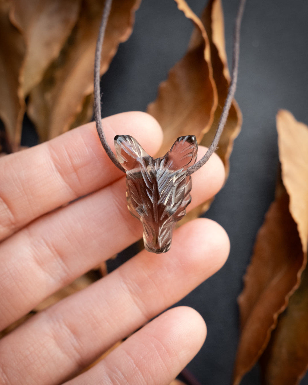 Small Smoky Quartz Hand Carved Wolf Necklace - The Healing Pear