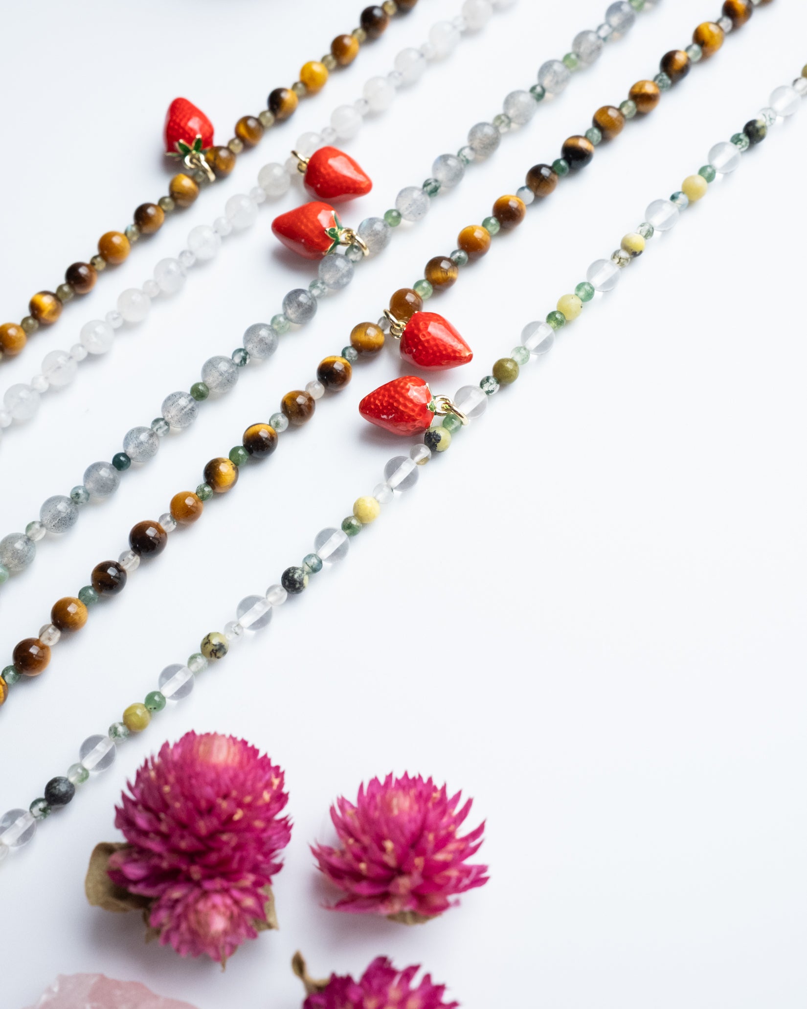 Enamel Strawberry & Gemstone Beaded Bracelet - The Healing Pear