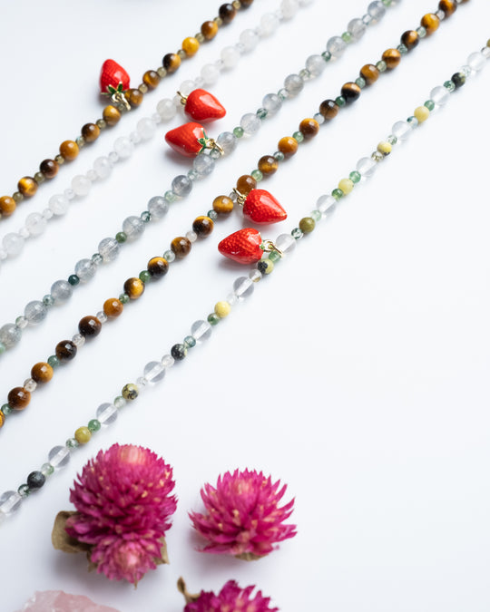 Enamel Strawberry & Gemstone Beaded Bracelet - The Healing Pear