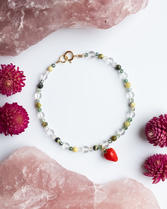 Enamel Strawberry & Gemstone Beaded Bracelet - The Healing Pear