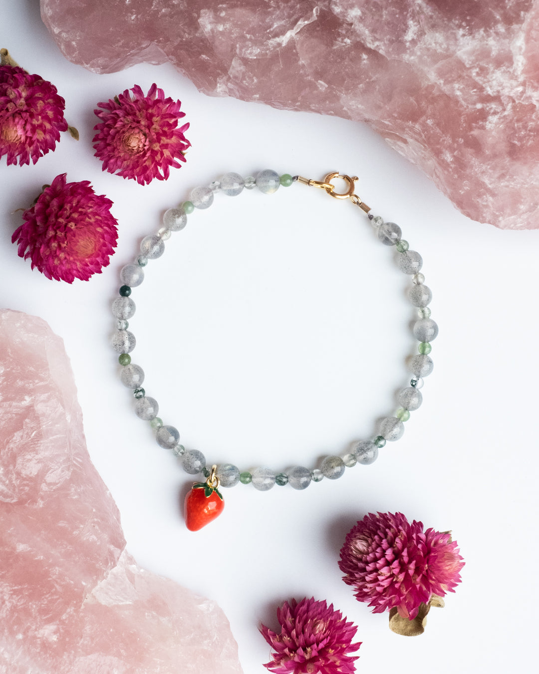 Enamel Strawberry & Gemstone Beaded Bracelet - The Healing Pear