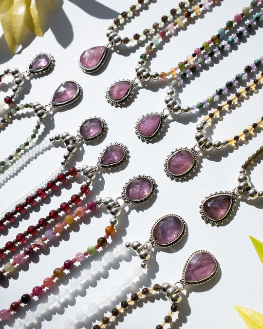 Pink Tourmaline &amp; Moonstone Beaded Sterling Silver Necklace - The Healing Pear