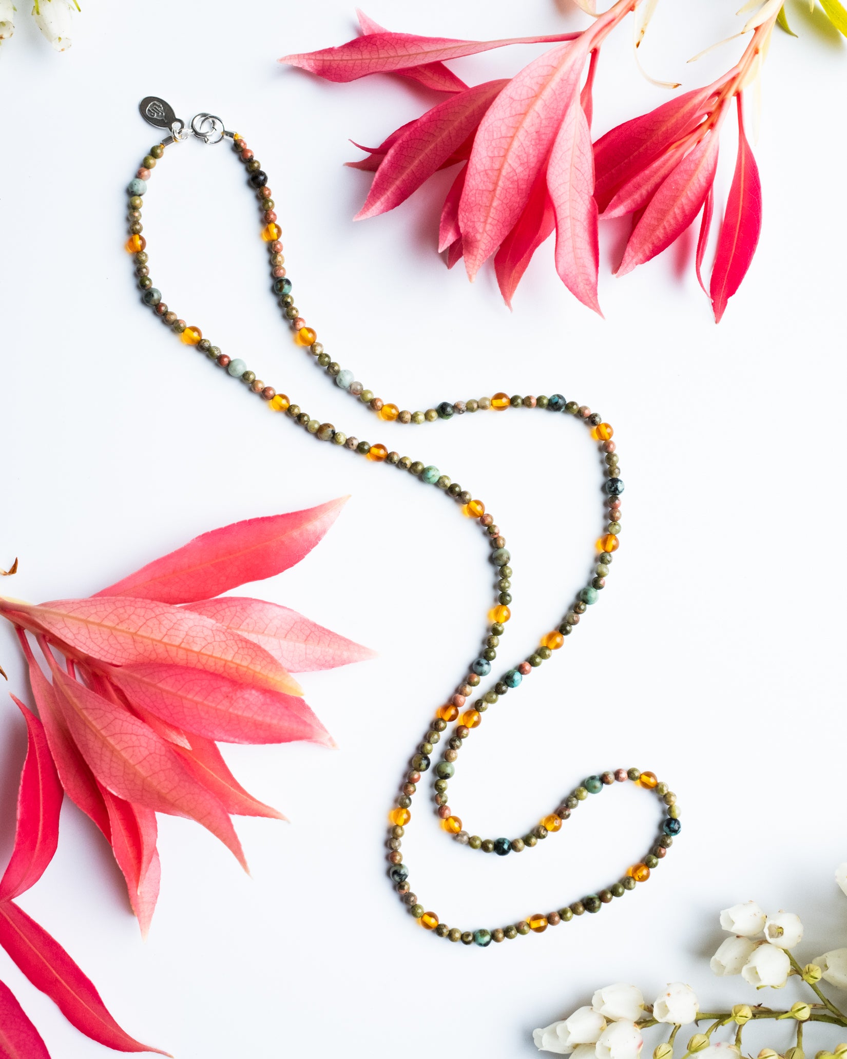 Baltic Amber, African Turquoise & Unakite Beaded Satellite Necklace - The Healing Pear