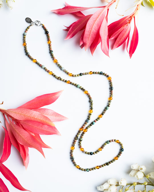 Baltic Amber, African Turquoise &amp; Unakite Beaded Satellite Necklace - The Healing Pear