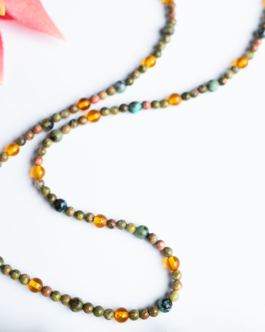 Baltic Amber, African Turquoise &amp; Unakite Beaded Satellite Necklace - The Healing Pear