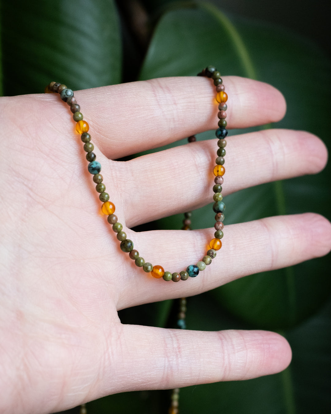 Baltic Amber, African Turquoise &amp; Unakite Beaded Satellite Necklace - The Healing Pear
