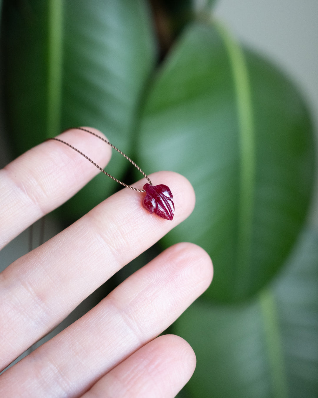 Tanzanian Ruby Hand Carved Vegan Silk Leaf Necklace