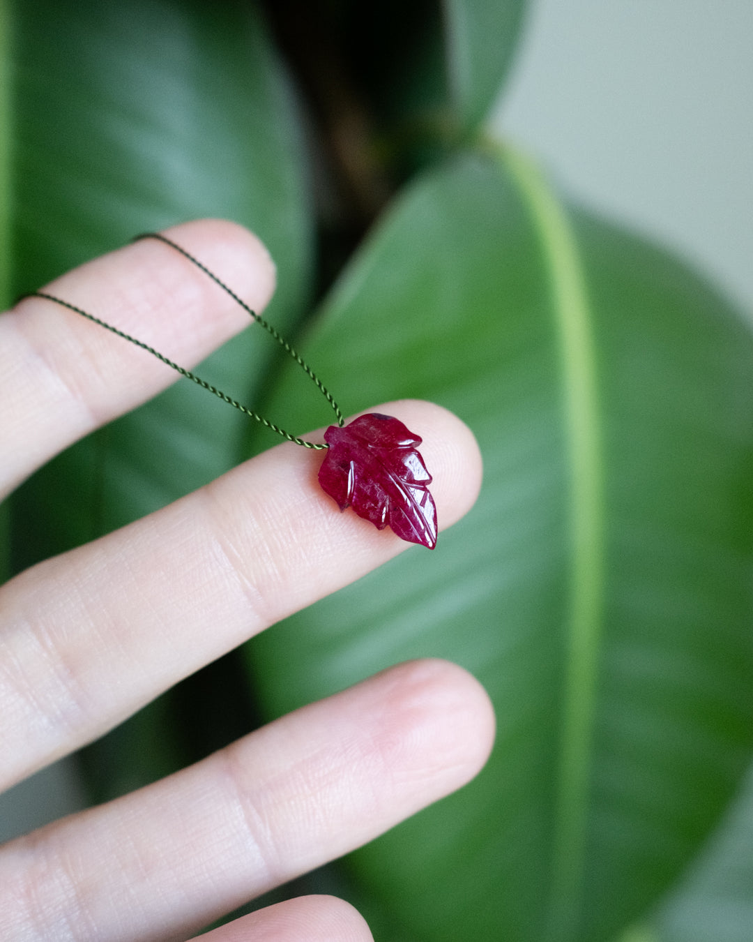 Tanzanian Ruby Hand Carved Vegan Silk Leaf Necklace