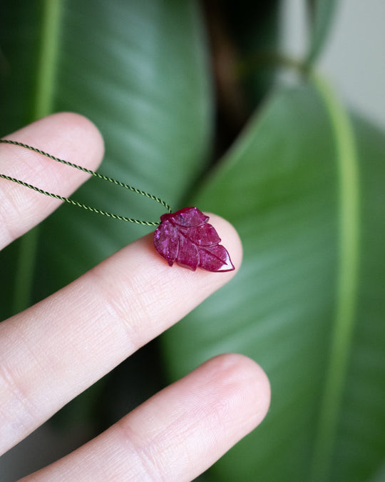 Tanzanian Ruby Hand Carved Vegan Silk Leaf Necklace