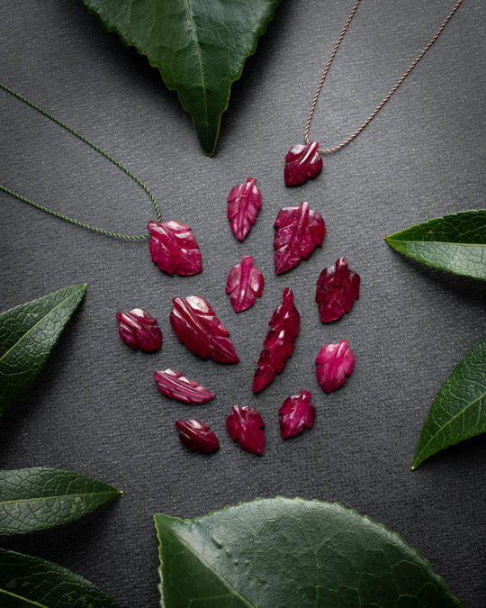 Tanzanian Ruby Hand Carved Vegan Silk Leaf Necklace