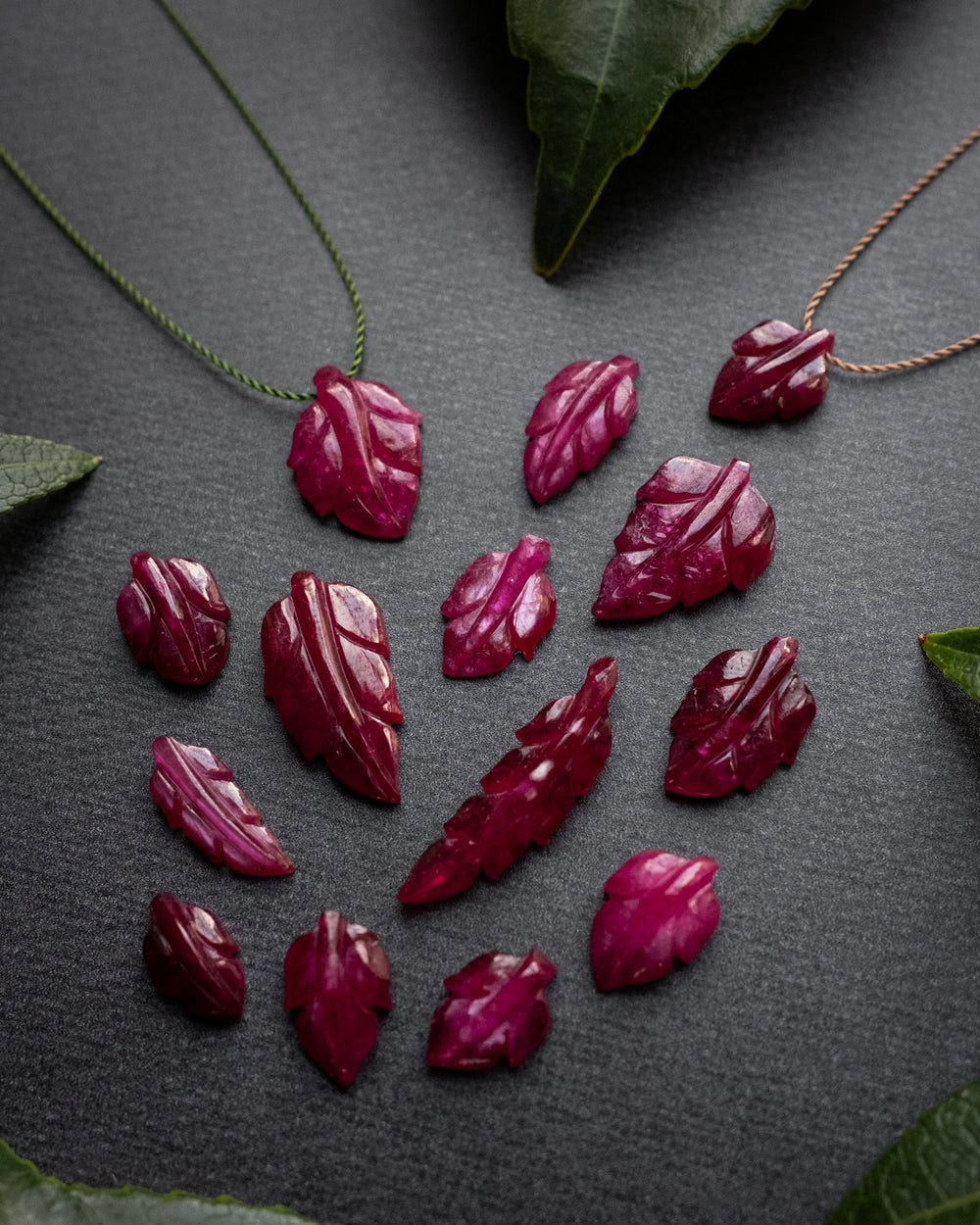 Tanzanian Ruby Hand Carved Vegan Silk Leaf Necklace