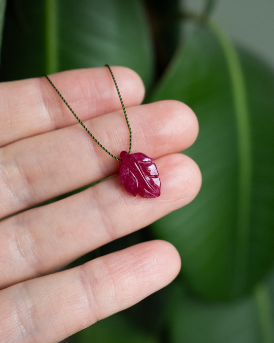 Tanzanian Ruby Hand Carved Vegan Silk Leaf Necklace