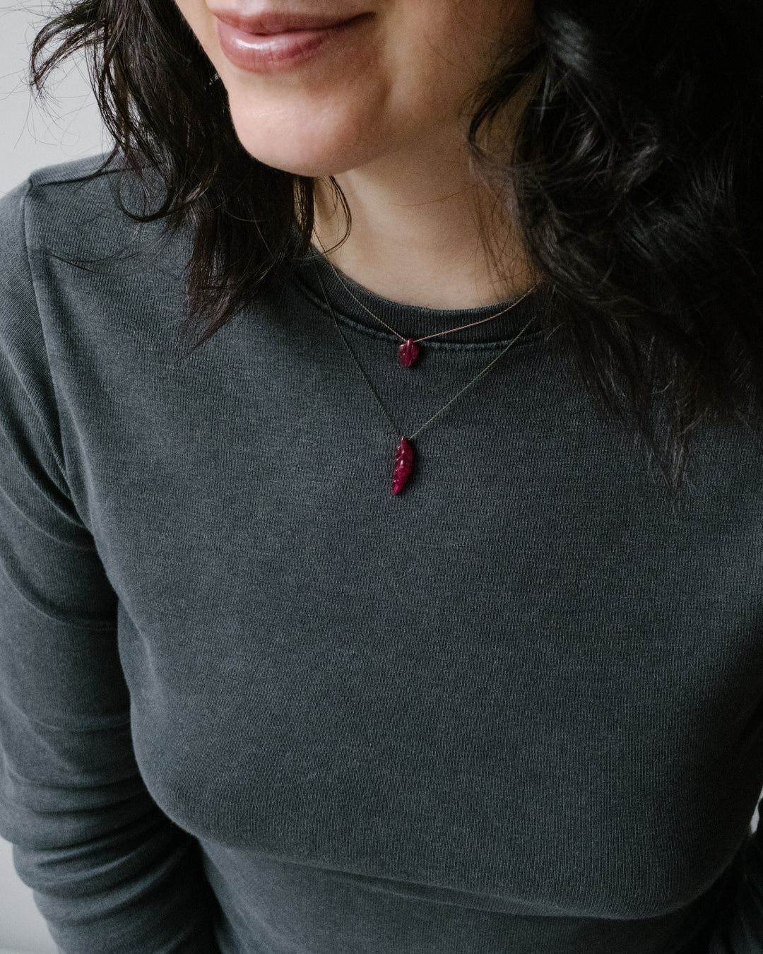 Tanzanian Ruby Hand Carved Vegan Silk Leaf Necklace