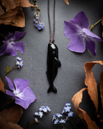 Obsidian Hand Carved Sperm Whale Necklace