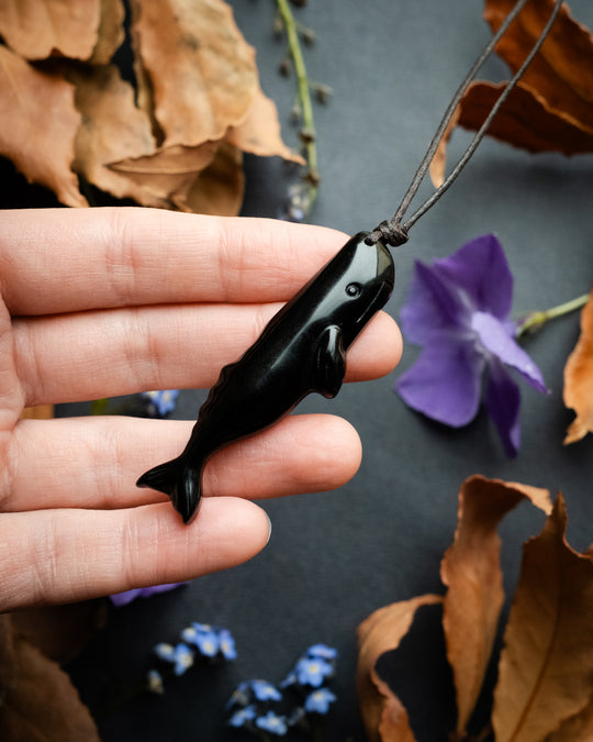 Obsidian Hand Carved Sperm Whale Necklace - The Healing Pear