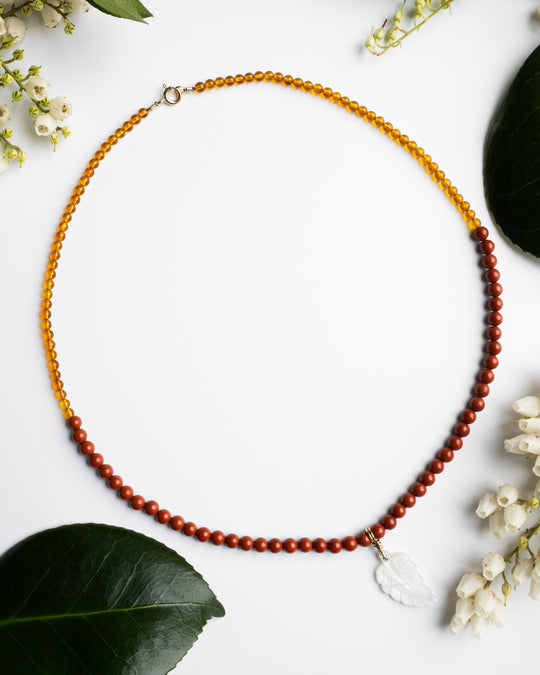 White Moonstone Leaf, Red Jasper &amp; Baltic Amber Recycled 9ct Gold Beaded Necklace - The Healing Pear
