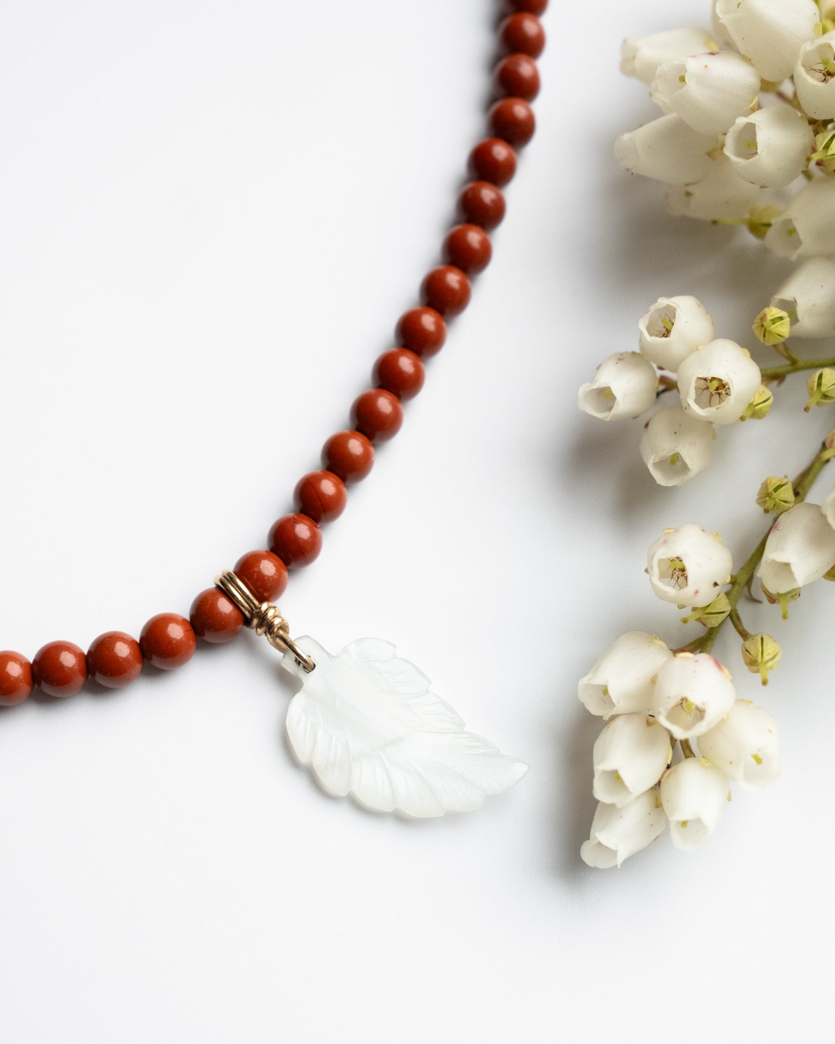 White Moonstone Leaf, Red Jasper & Baltic Amber Recycled 9ct Gold Beaded Necklace - The Healing Pear