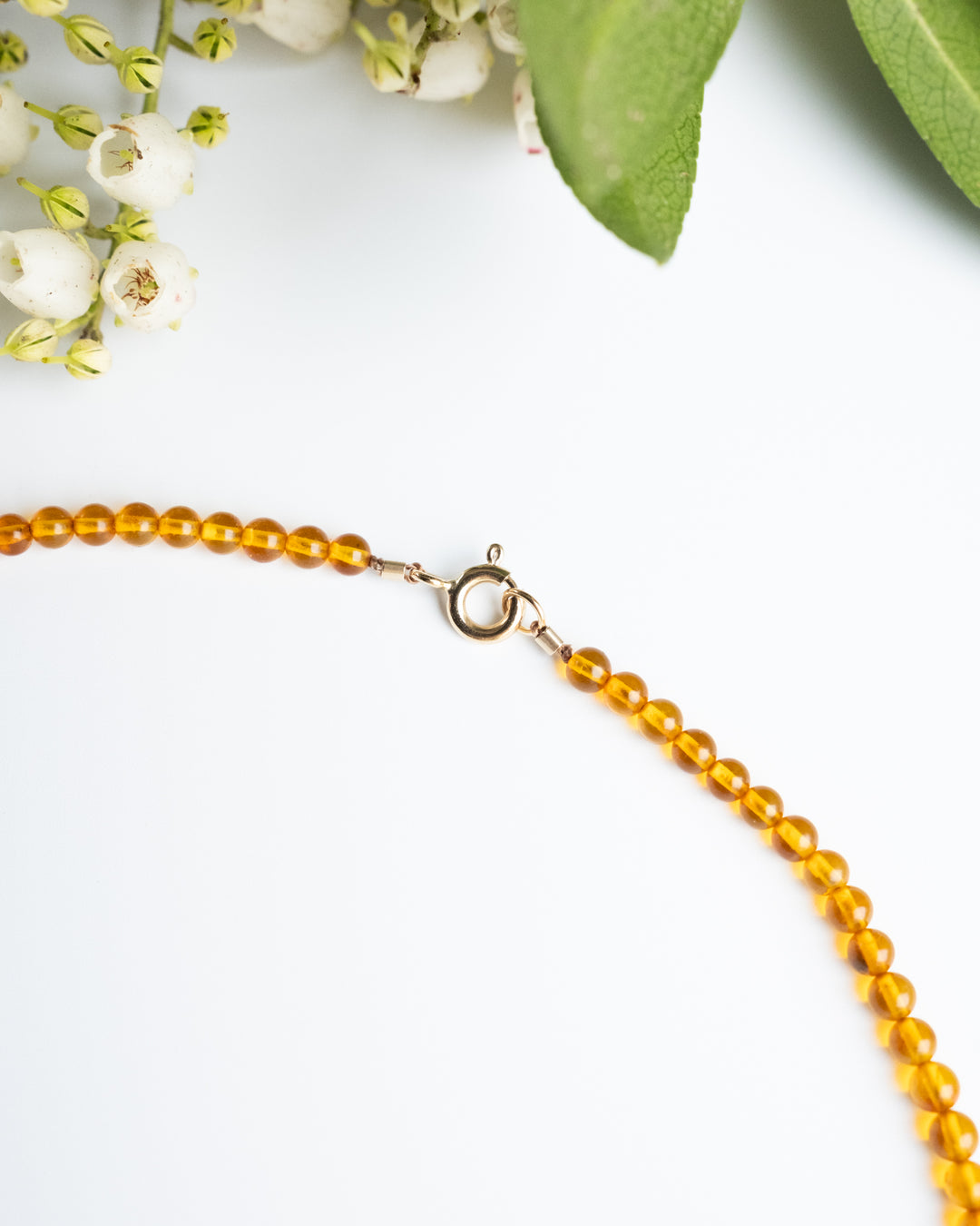 White Moonstone Leaf, Red Jasper &amp; Baltic Amber Recycled 9ct Gold Beaded Necklace - The Healing Pear