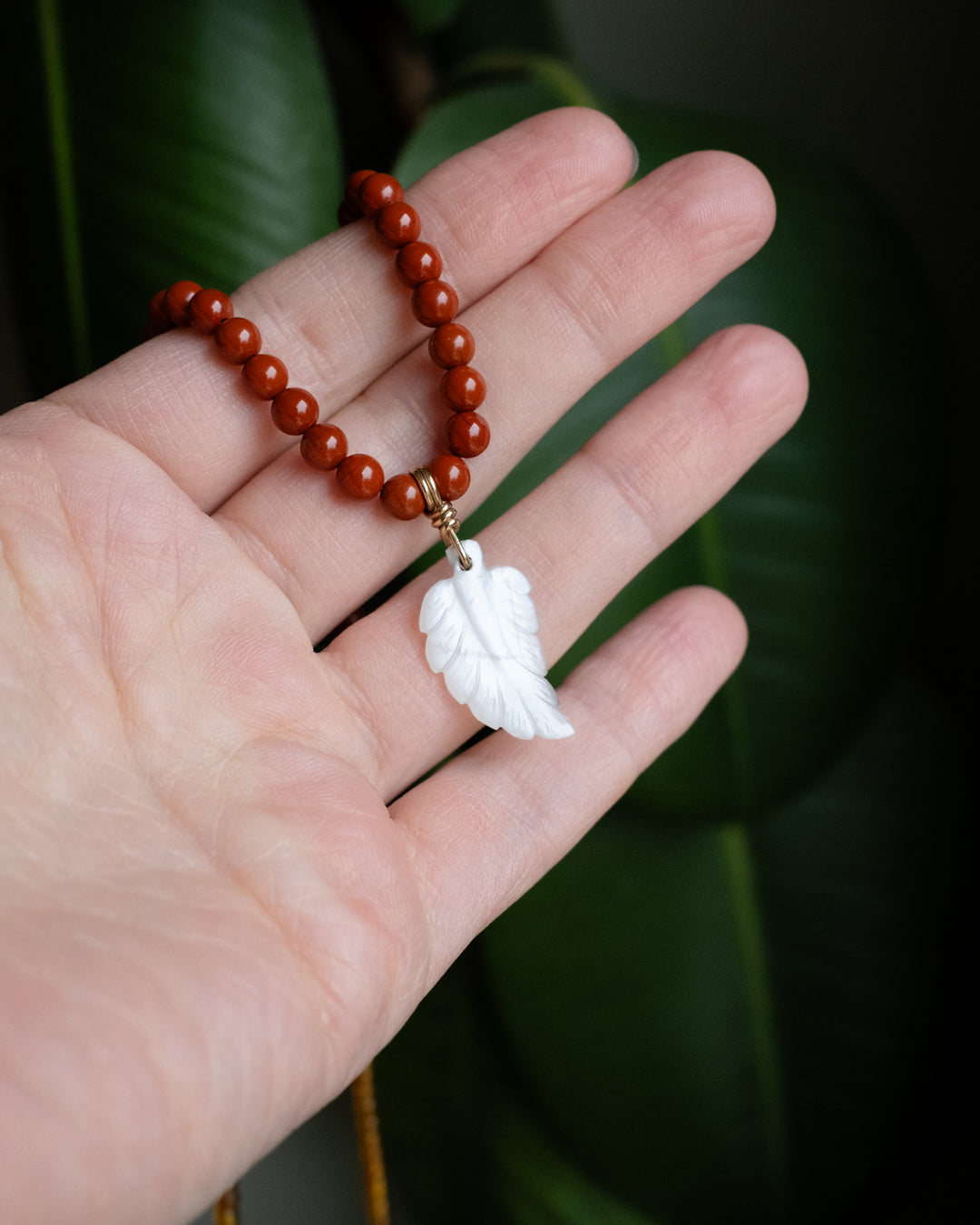 White Moonstone Leaf, Red Jasper &amp; Baltic Amber Recycled 9ct Gold Beaded Necklace - The Healing Pear