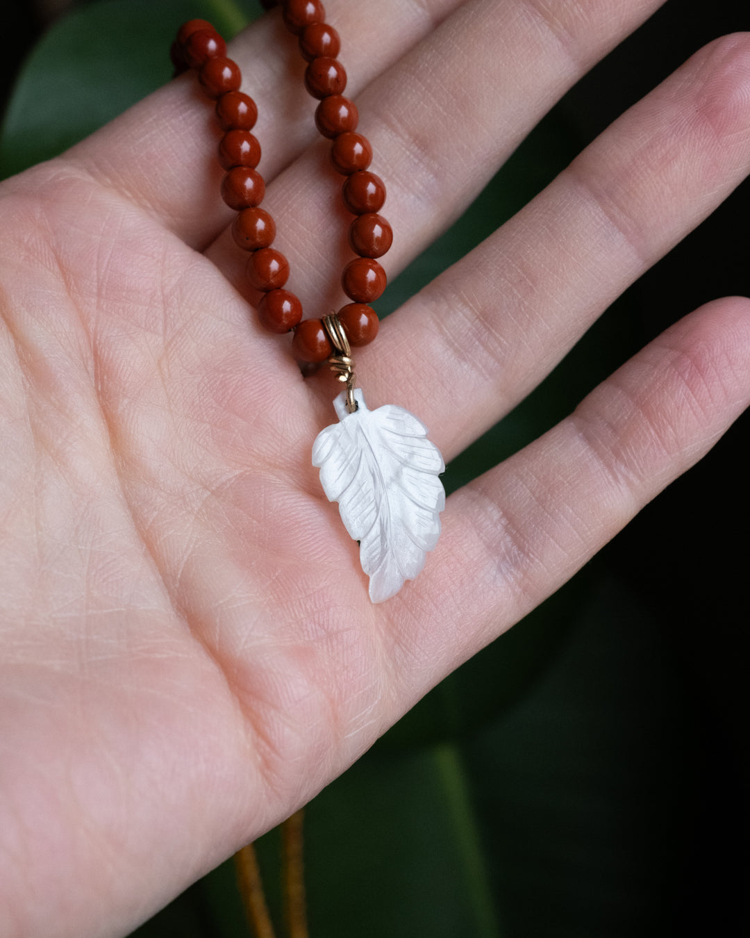 White Moonstone Leaf, Red Jasper &amp; Baltic Amber Recycled 9ct Gold Beaded Necklace - The Healing Pear
