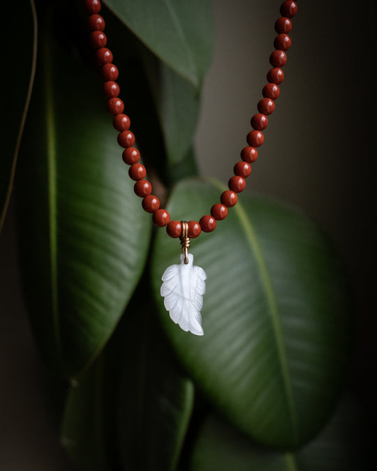 White Moonstone Leaf, Red Jasper &amp; Baltic Amber Recycled 9ct Gold Beaded Necklace - The Healing Pear