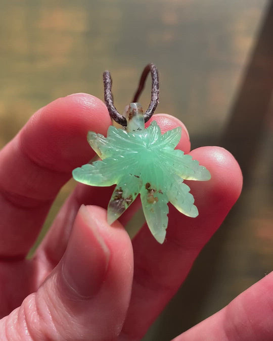 Chrysoprase Hand Carved Hemp Leaf Necklace