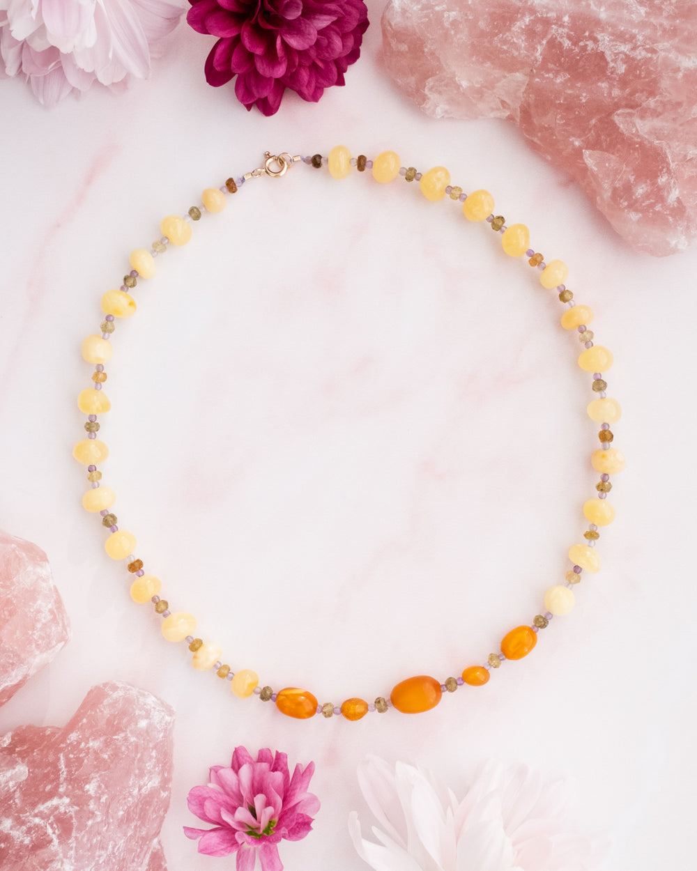 Vintage Amber, Milk Amber & Green Garnet Beaded Necklace - The Healing Pear
