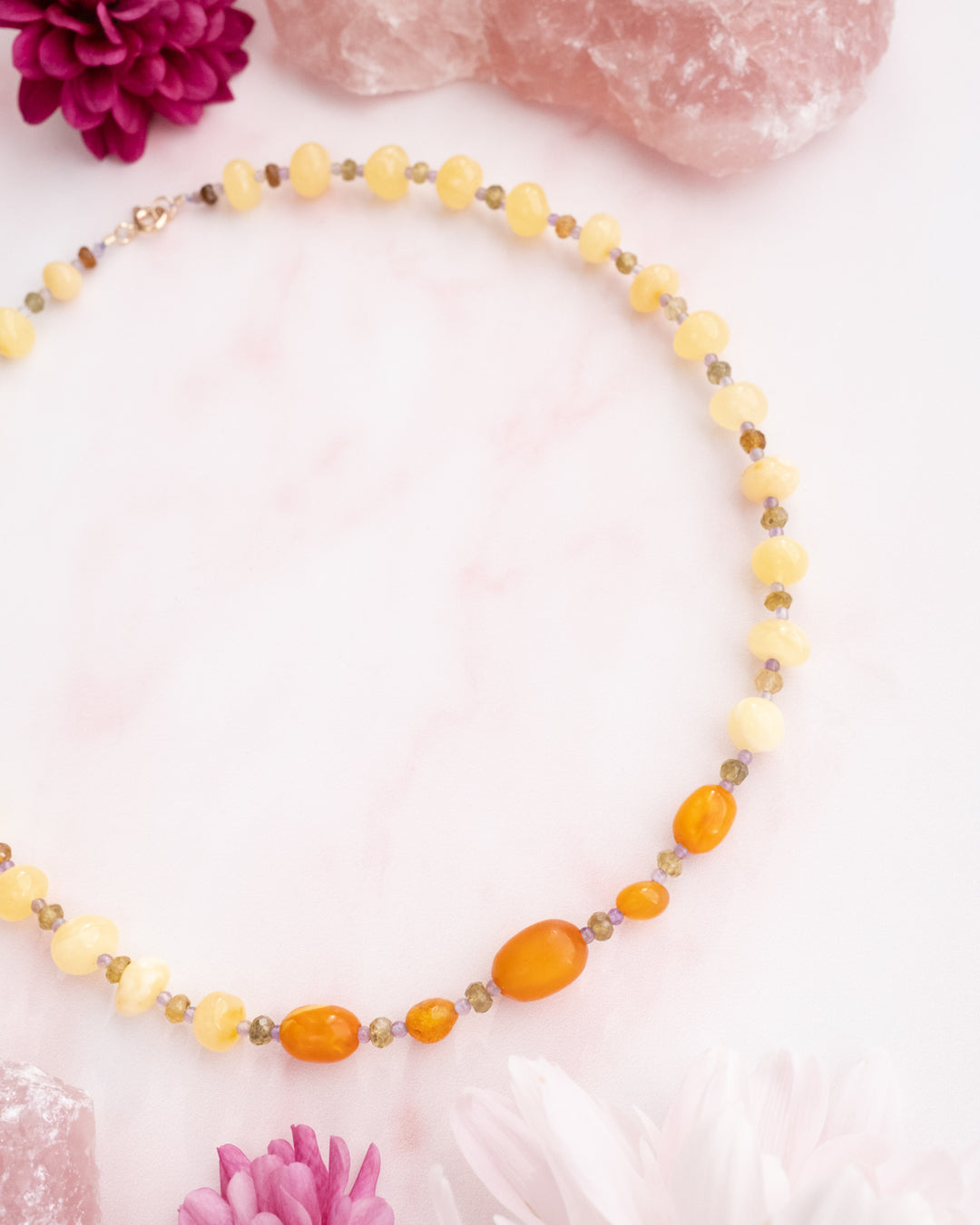 Vintage Amber, Milk Amber & Green Garnet Beaded Necklace - The Healing Pear