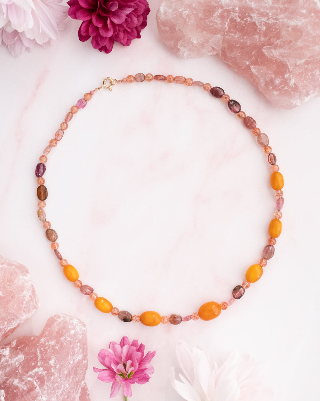 Vintage Amber, Sunstone & Pink Tourmaline Beaded Necklace - The Healing Pear