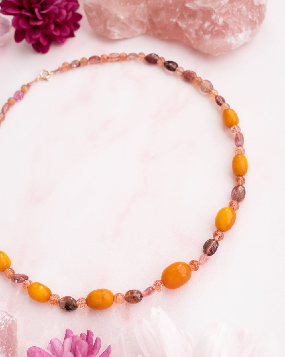 Vintage Amber, Sunstone & Pink Tourmaline Beaded Necklace - The Healing Pear