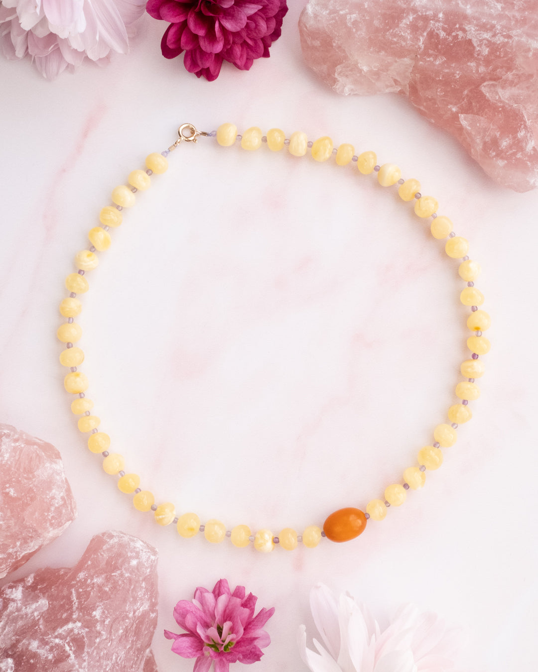 Vintage Amber, Milk Amber & Amethyst Beaded Necklace - The Healing Pear