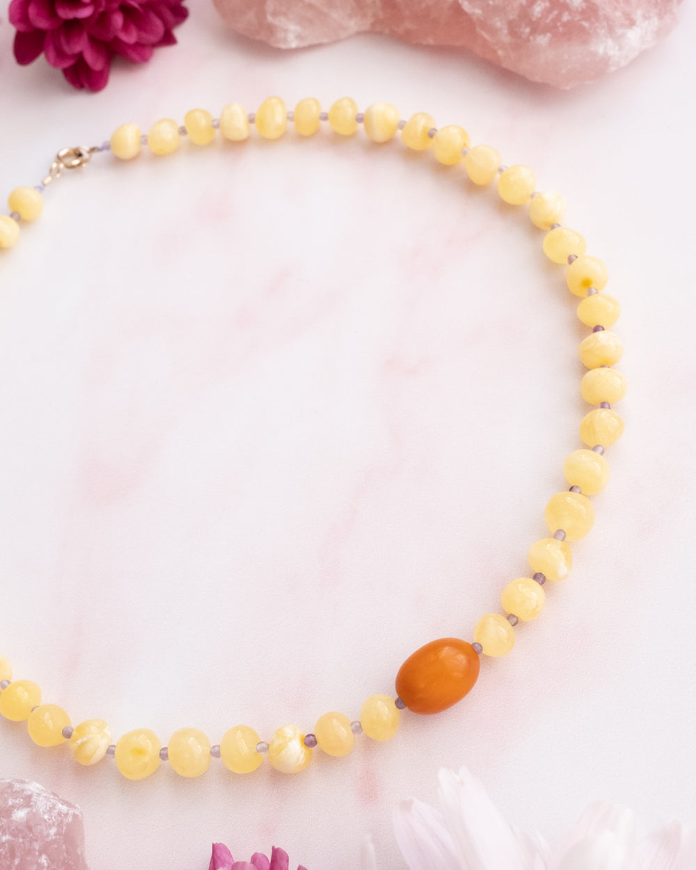 Vintage Amber, Milk Amber & Amethyst Beaded Necklace - The Healing Pear