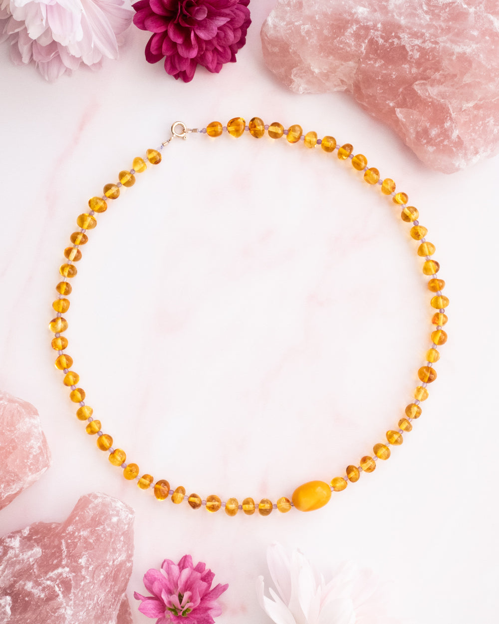 Vintage Amber, Honey Amber & Amethyst Beaded Necklace - The Healing Pear