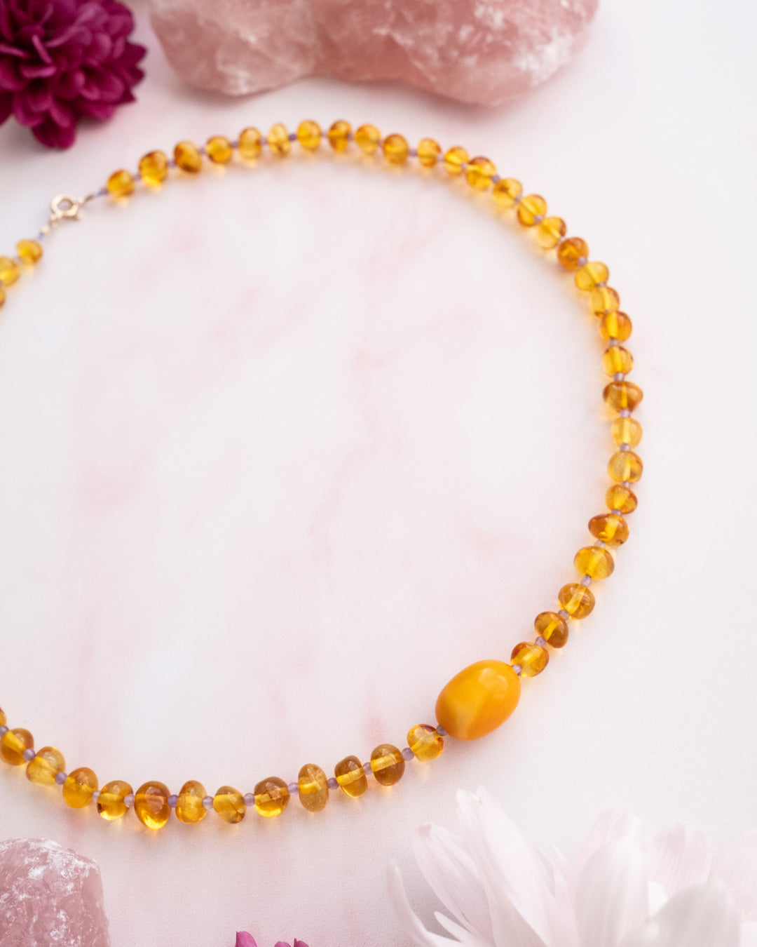 Vintage Amber, Honey Amber & Amethyst Beaded Necklace - The Healing Pear