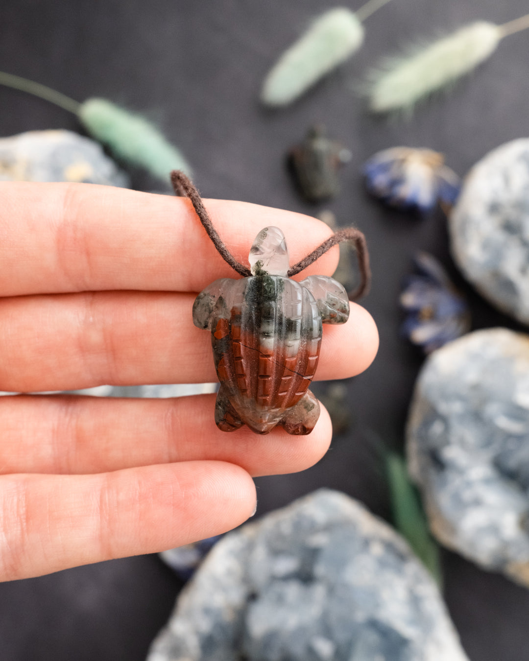 Small African Bloodstone Hand Carved Leatherback Sea Turtle Necklace - The Healing Pear