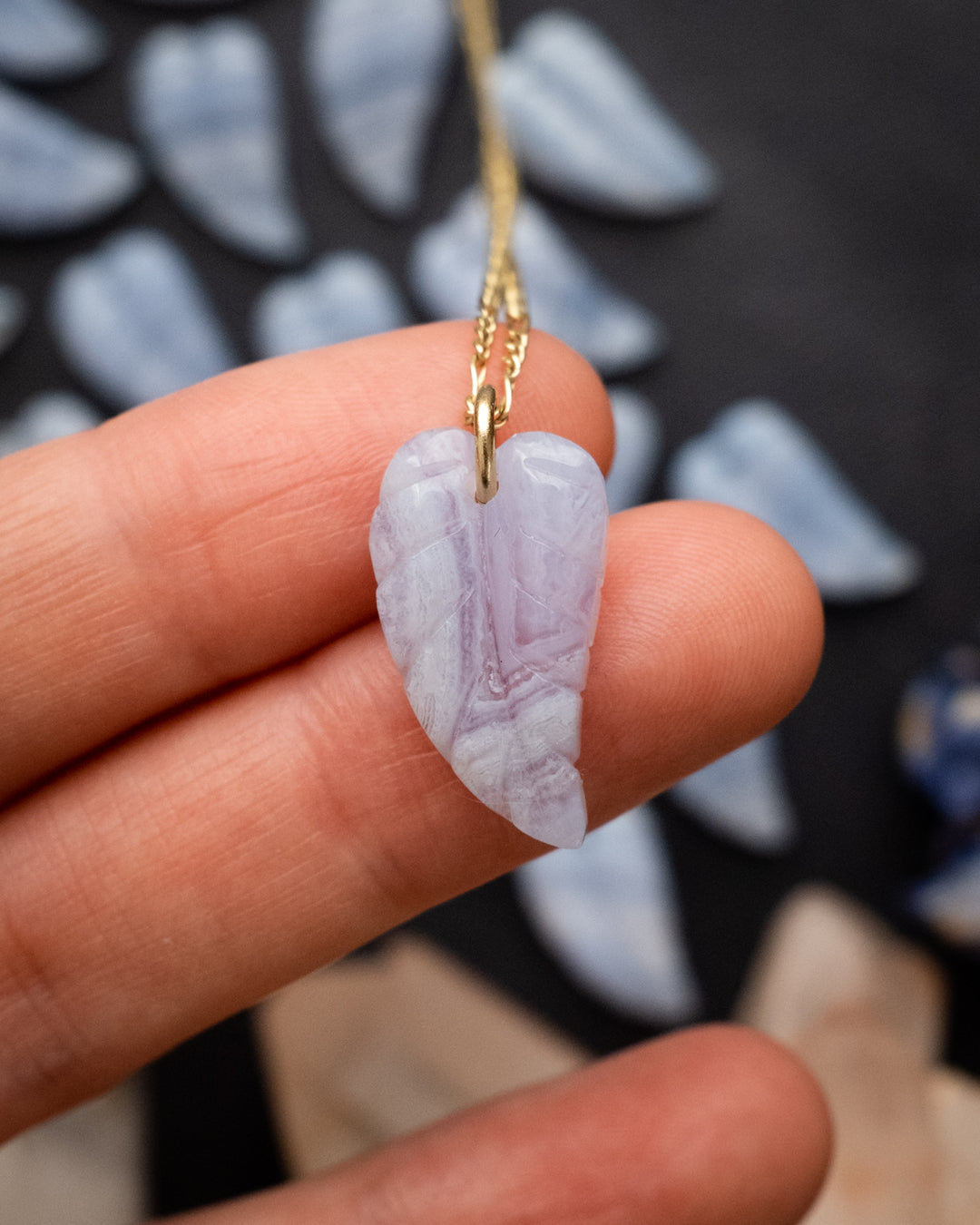Blue Lace Agate Hand Carved Leaf Necklace - The Healing Pear