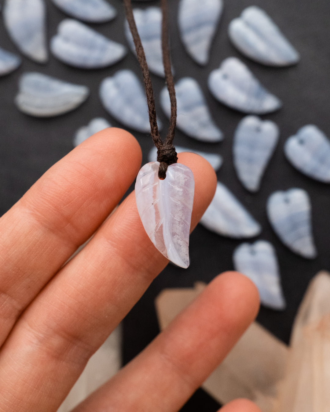 Blue Lace Agate Hand Carved Leaf Necklace - The Healing Pear