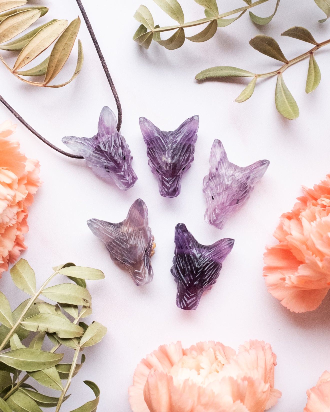 Small Rainbow Fluorite Carved Wolf Necklace - The Healing Pear