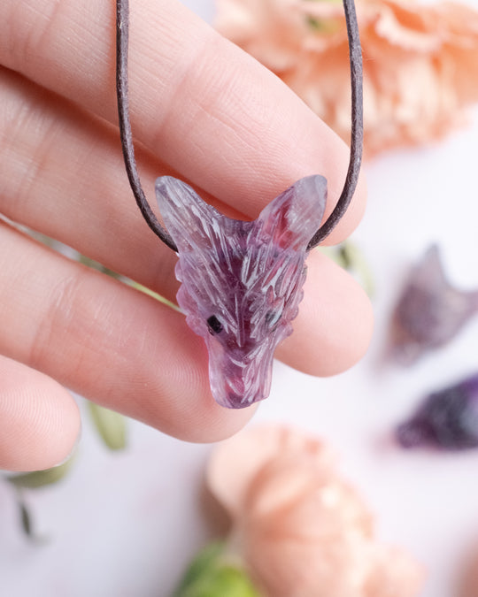 Small Rainbow Fluorite Carved Wolf Necklace - The Healing Pear