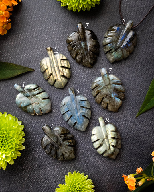 Labradorite Hand Carved Monstera / Cheese Plant Necklace - The Healing Pear