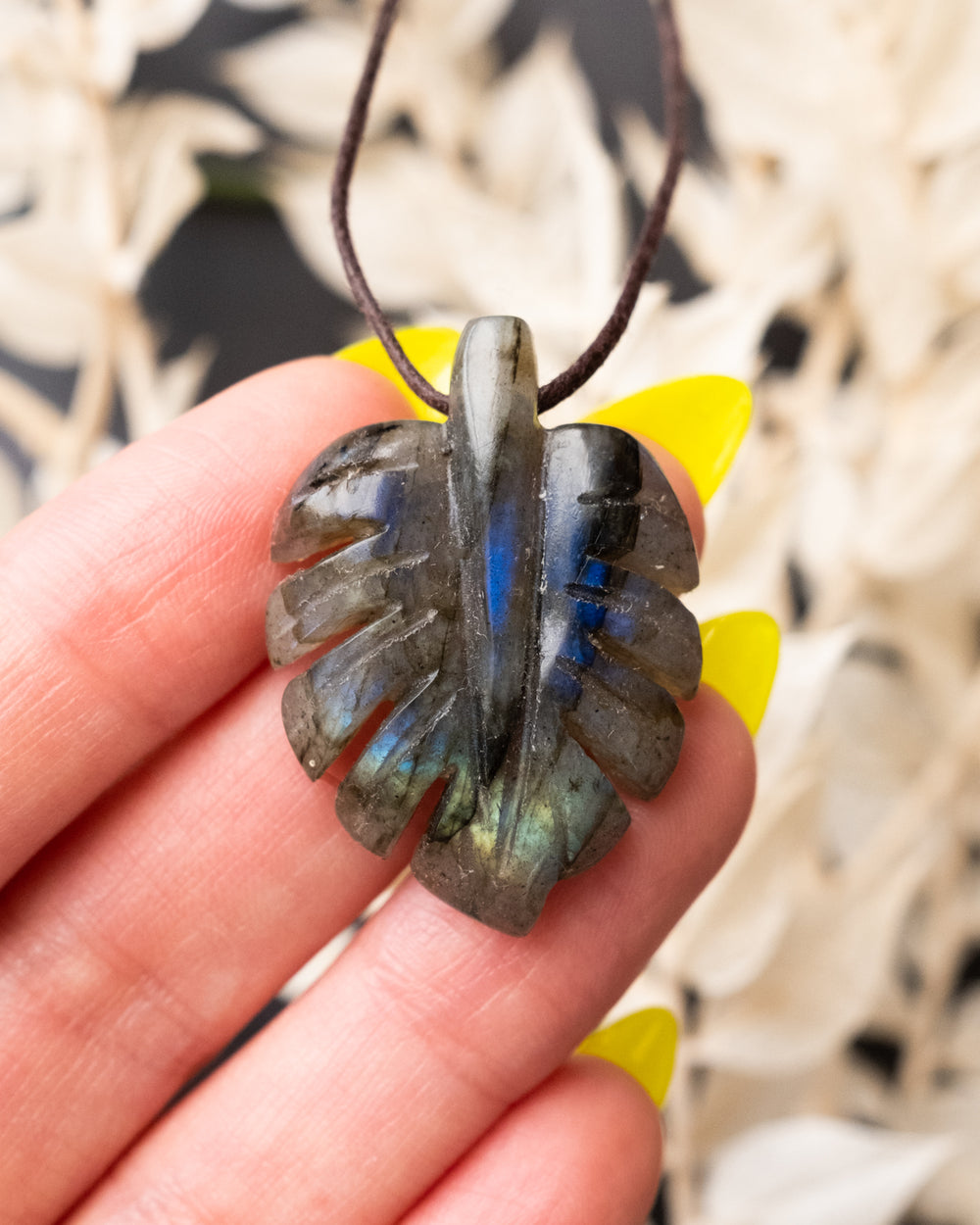 Labradorite Hand Carved Monstera / Cheese Plant Necklace - The Healing Pear