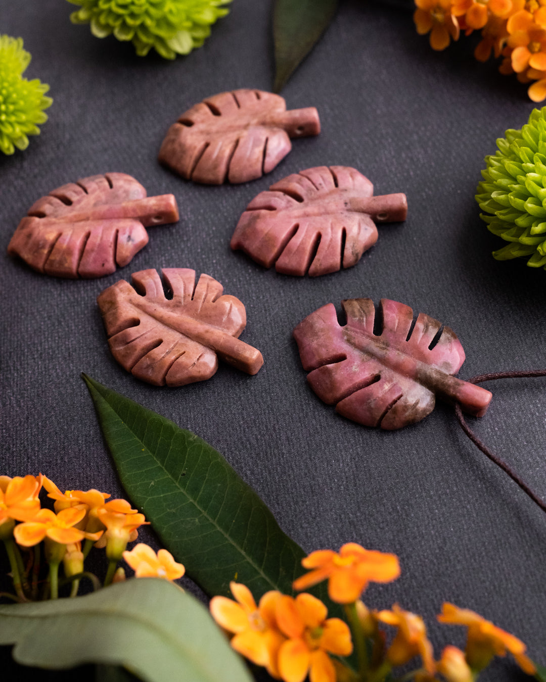 Rhodonite Hand Carved Monstera / Cheese Plant Necklace - The Healing Pear